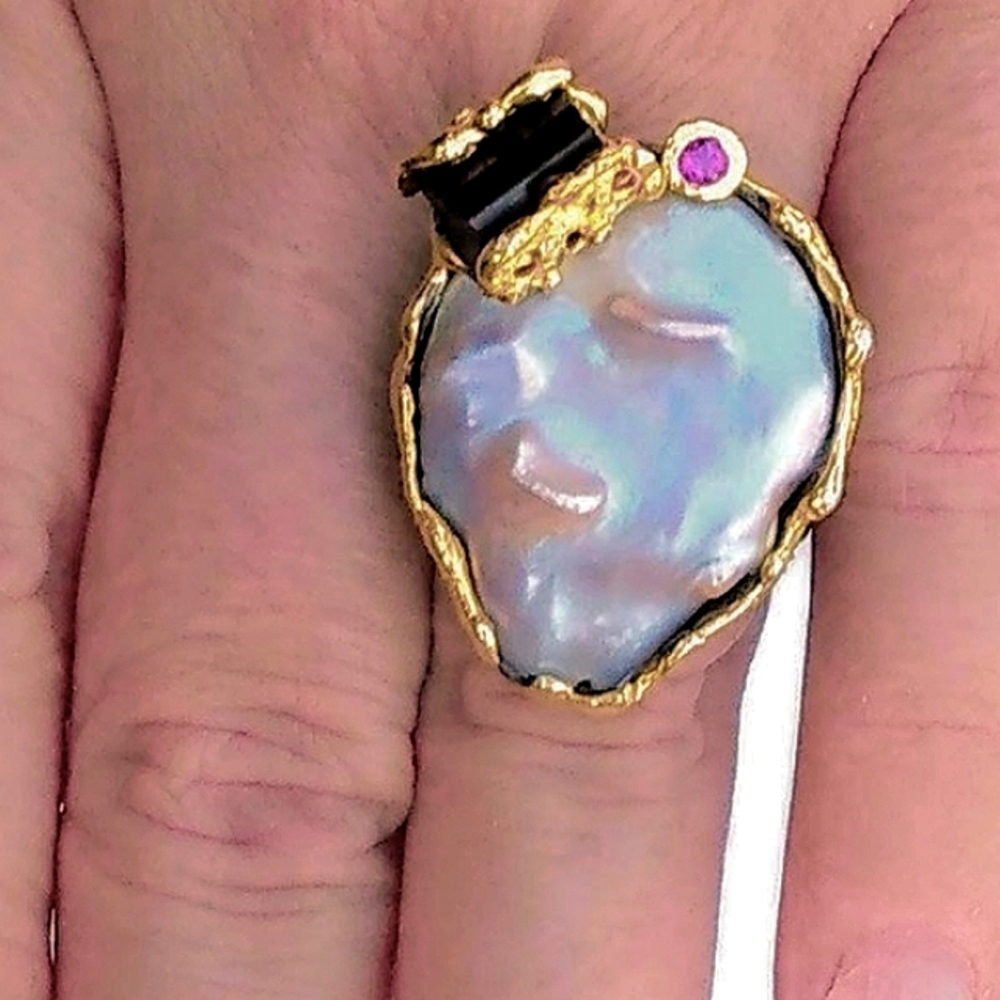 Natural Baroque Pearl & Black Tourmaline 925 Ring